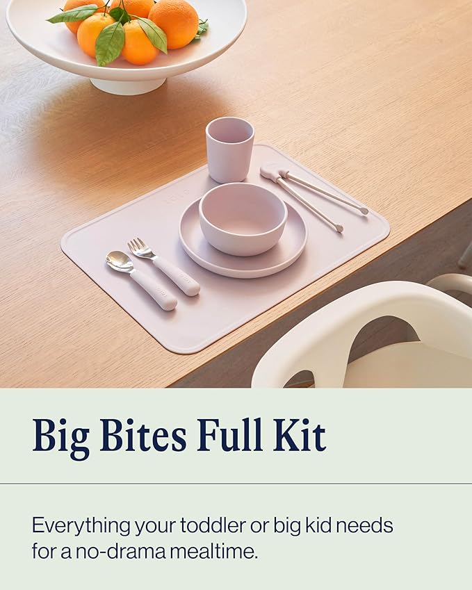 Lalo Big Bites Kids Dinnerware Full Set - Dishwasher Safe, BPA Free, Kids Tableware Set - Includes Stackable Bowl, Plate, Utensils & Cup - 7 Pieces - Grapefruit