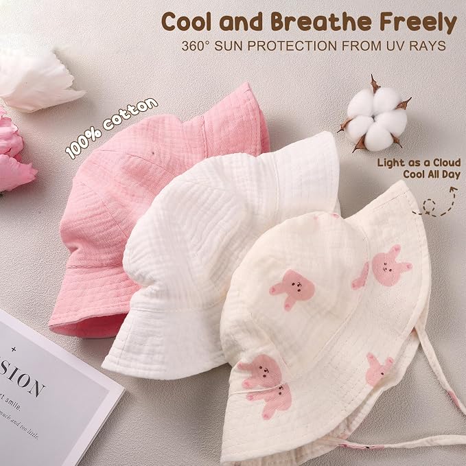 3 Pcs Baby Sun Hat Muslin, Baby Bucket Hat | UPF 50+ Sun Protection, Adjustable - Image 2
