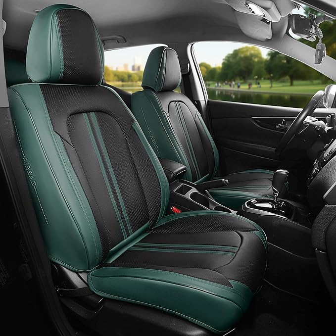FREESOO Front Seats 2PCS Leather Car Seat Covers, Ultra Breathable Waterproof Seat Covers for Cars Trucks SUV, Carseat Protector Car Seat Cover Fit for Most Vehicles, Black Green