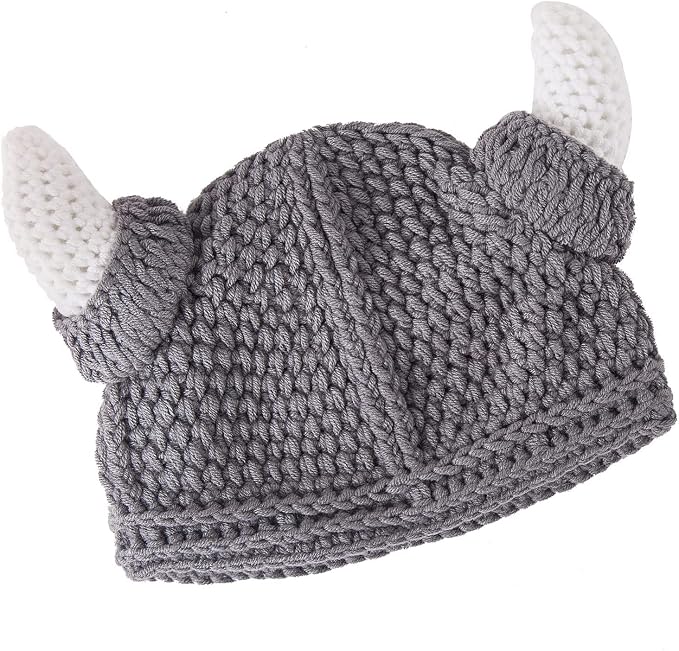 Baby Viking Knit Hat with Horns Barbarian Cute Beanie Hat Adult Crochet - Image 2