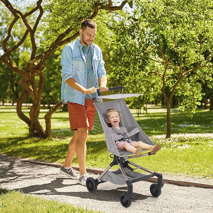 Lightweight Baby Travel Stroller – Compact & Airplane-Friendly Design, One-Hand Fold, 8.4 Lbs Carbon Fiber Frame, Breathable Fabric, Overhead Luggage Compatible, Perfect Infant & Toddler Stroller,Grey