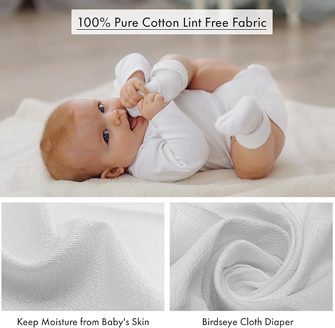 RUVANTI Unisex Birdseye Flat-Fold Cloth Diapers for Babies 10 Pack, 100% Cotton Reusable Diaper Inserts 23x23 Inches, White