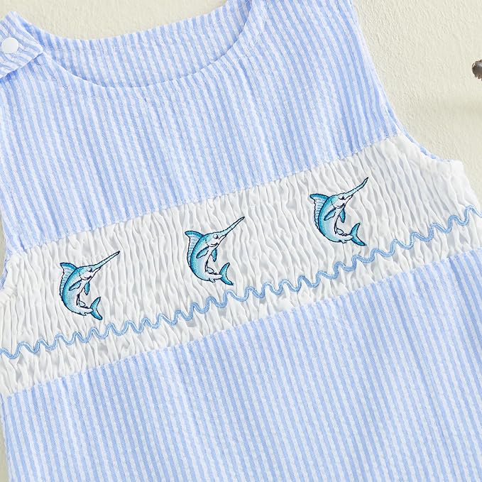 Newborn Baby Boys Sleeveless Seersucker Romper One Piece Straps Overalls - Image 5