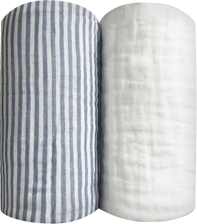 Blue Striped Muslin Baby Blanket, Ultra Soft Cotton Swaddle 43x43 in | Jacquard by REPRECONF