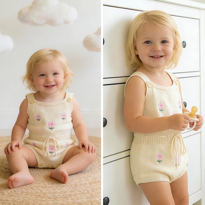 Simplee kids Baby Girl Romper, Sleeveless Pompoms Square Neck | Soft Breathable - Image 4