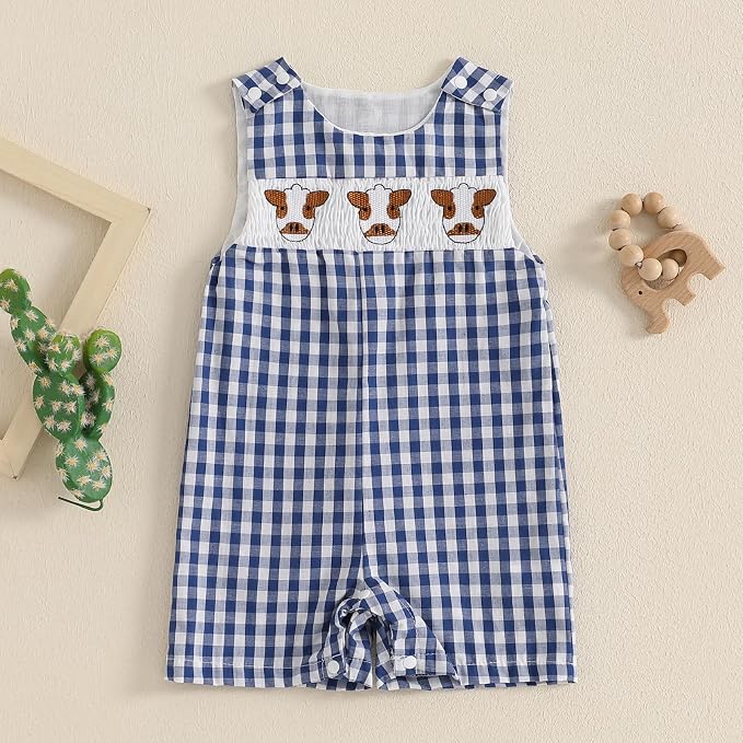 Newborn Baby Boys Sleeveless Seersucker Romper One Piece Straps Overalls - Image 2