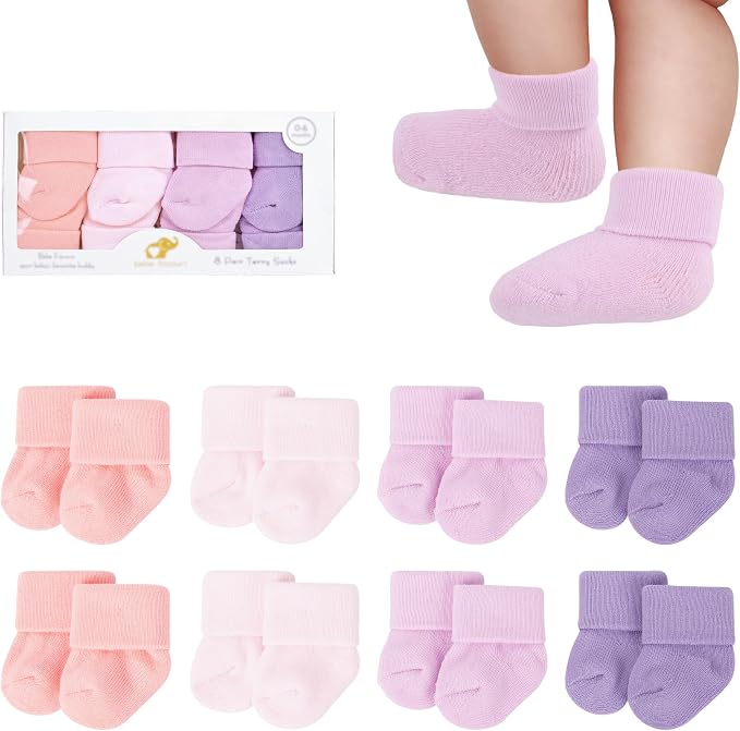 8 Pairs Newborn Socks Thick Cotton Terry Turn Cuff Baby Socks 0-6 Months Cute by BebeFavour