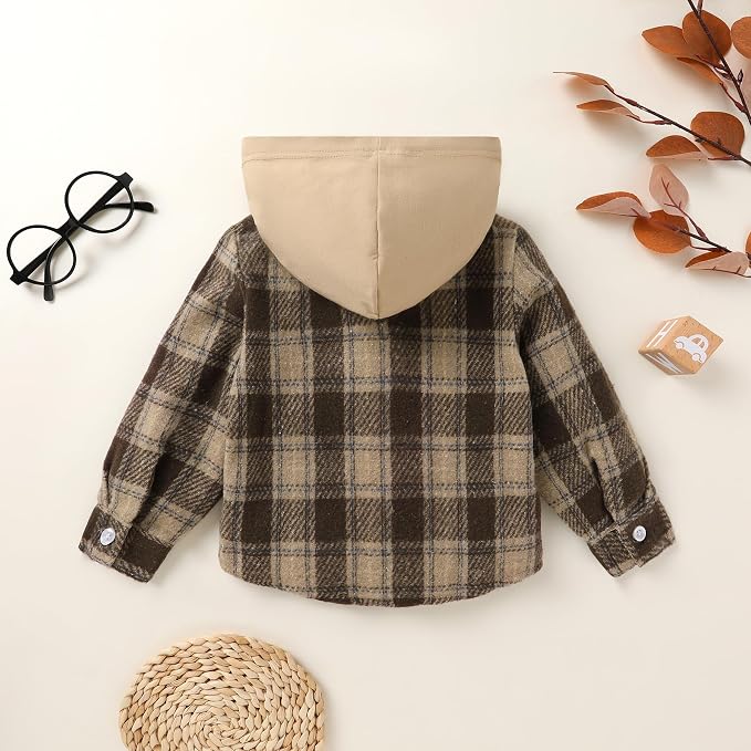 YOUNGER STAR Toddler Kids Boys Girls Flannel Hooded Plaid Shirt Button Baby Red - Image 3