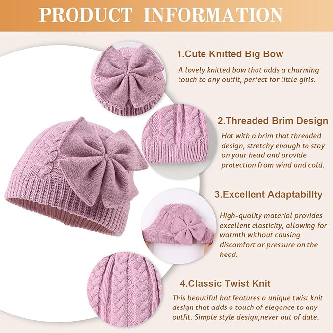 JANGANNSA Winter Warm Knitted Baby Hat for Girls Cotton Lined Infant Toddler Hat Autumn Cute Bow Classic Girls Beanie 0-6Y