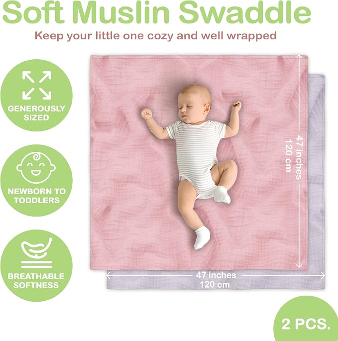 100% Organic Cotton Baby Muslin Blanket 2 Pack 47x47 in Girl Gift | Oeko-TEX - Image 5