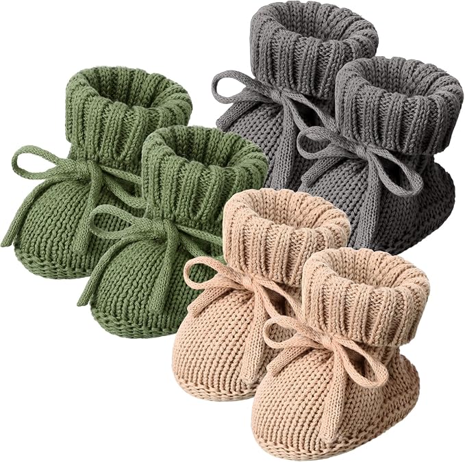 Evervibe 3 Pair Knitted Baby Booties | 100% Cotton, 0-6 Months Newborn by Evervibe