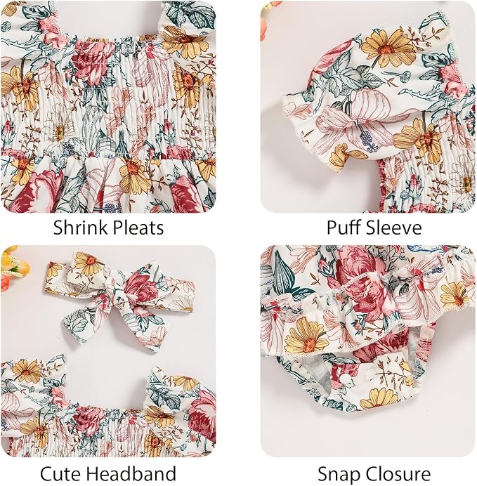GRNSHTS Baby Girl Romper Dress, Puff Sleeve Smocked Outfit - Image 5
