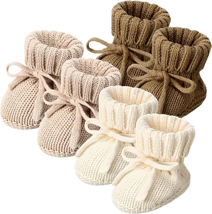 Evervibe 3 Pair Knitted Baby Booties | 100% Cotton, 0-6 Months Newborn by Evervibe