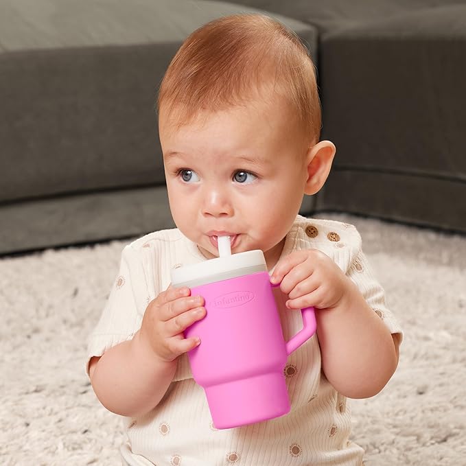 Infantino My 1st Tumbler, Silicone Sippy Cup with Straw & Handle, Spill-Resistant Baby Cup for On-the-Go, BPA-Free Transition Bottle, Cotton Candy