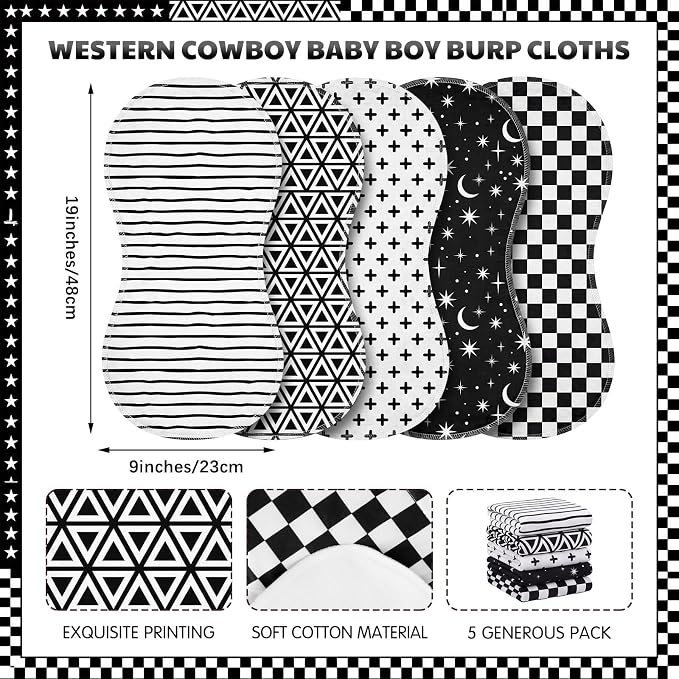 SmoothNovelty 5 Pack Black and White Baby Burp Cloths Soft Absorbent Burping - Image 2