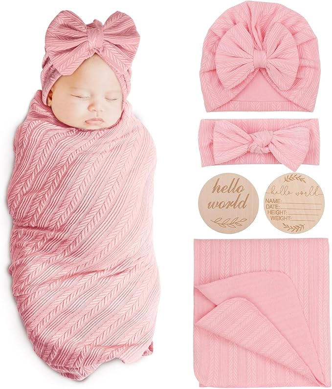 AQOKKA Newborn Receiving Blanket Wheat Ear Bow Hat Hairband Set by AQOKKA