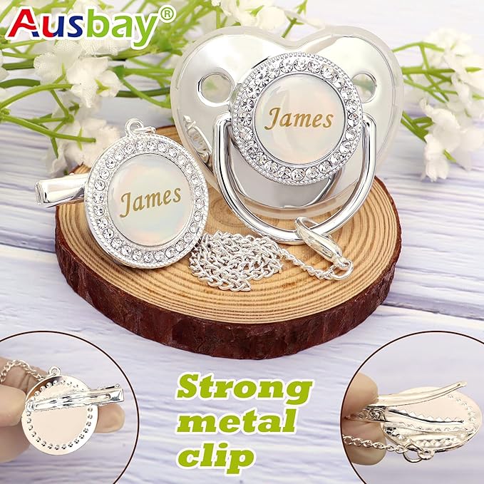 Personalized Pacifier Set with Name, BPA Free, Bling Gold Silver Pink Rose Gold Luxurious Ideal Gift for Newborns (Gold)