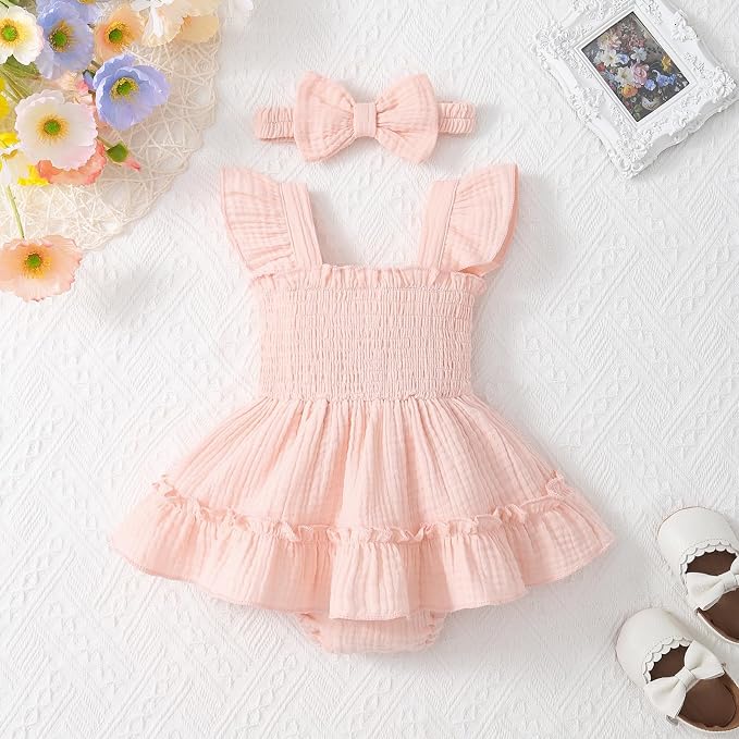 Baby Girl Smocked Romper Dress Ruffle Bow Summer Outfit - Image 3