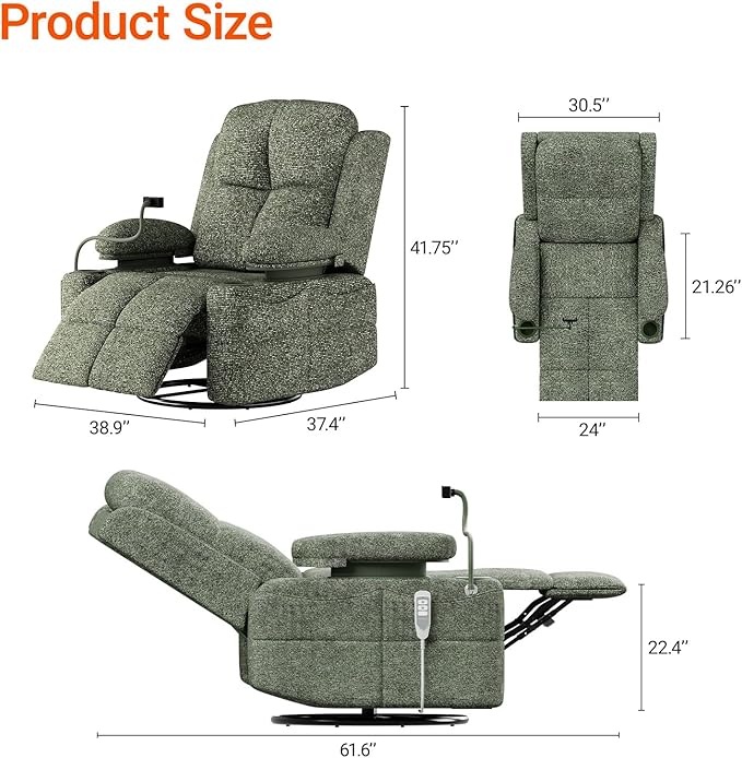 MAMAZING Oversized Rocking Chair Nursery with Adjustable Armrests, Electric Glider Recliner Nursing Chair for Breastfeeding, Power Swivel Recliner Chairs, Oeko-TEX & FSC Certified (Moss Green, Fabric)