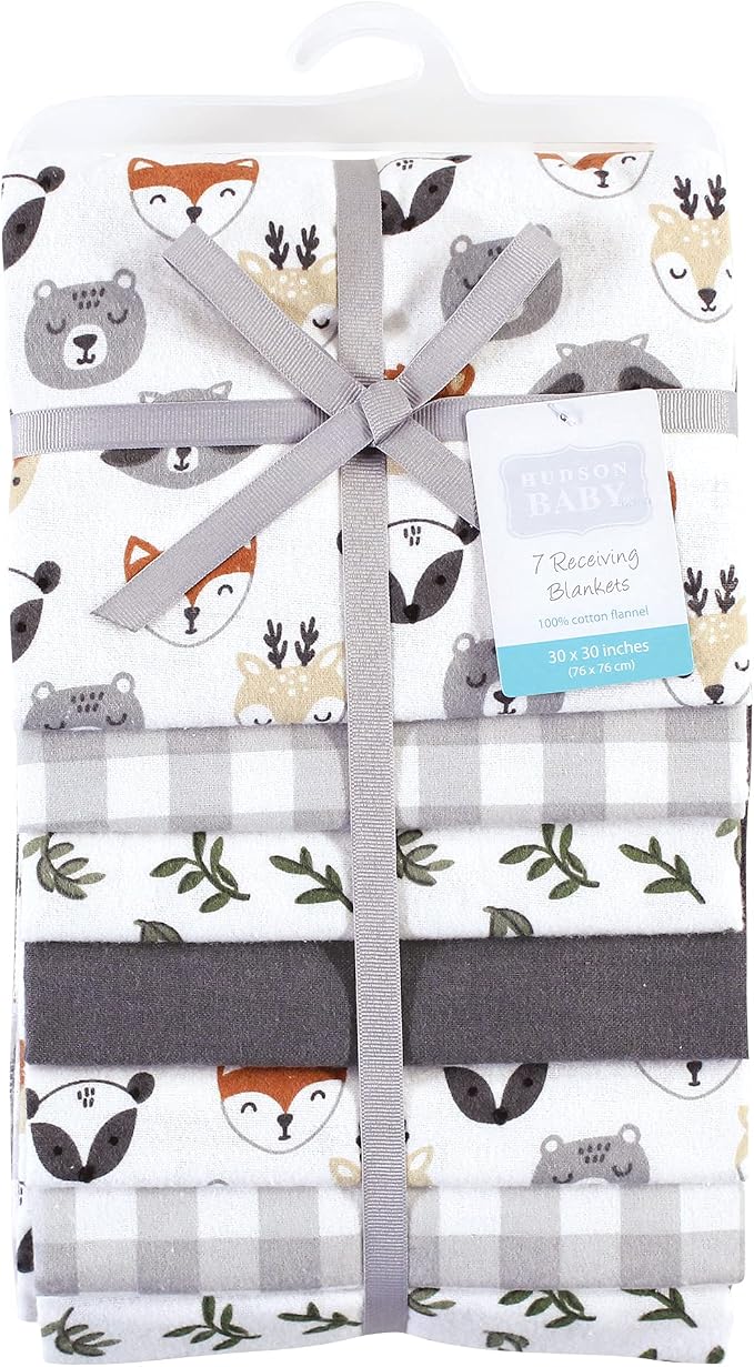 Hudson Baby Unisex Baby Cotton Flannel Receiving Blankets Bundle, Woodland Faces - Image 2