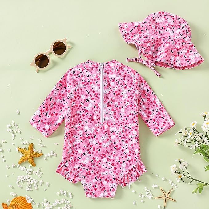 WOLBAY Baby Girl Swimsuit Long Sleeve One Piece Rash Guard with Sun Hat Zipper Bathing Suit Size 0-2T