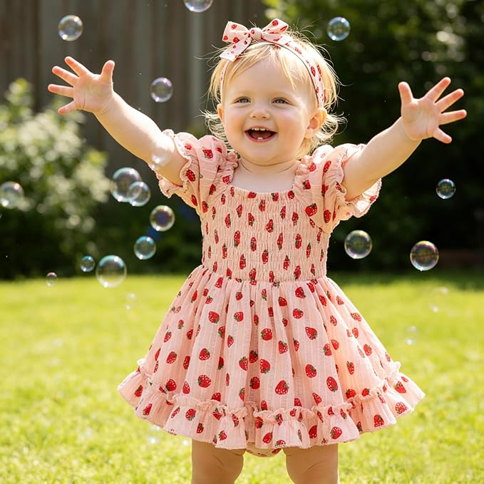 GRNSHTS Baby Girl Romper Dress, Puff Sleeve Smocked Outfit - Image 3