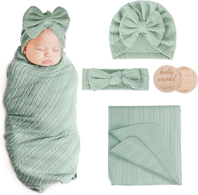 AQOKKA Newborn Receiving Blanket Wheat Ear Bow Hat Hairband Set by AQOKKA