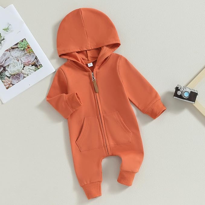 Infant Baby Boy Girl Clothes Solid Hoodie Romper Zip Up Long Sleeve Hooded - Image 2