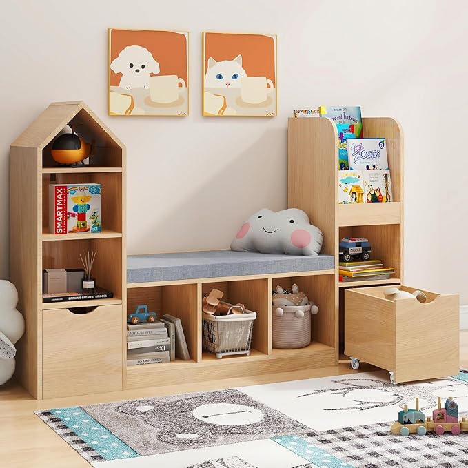 Vabches Kids Bookcase with Reading Nook, Oak Bookshelf with 7 Storage Cubbies & 2 Movable Drawers, Seat Cushion for Toy Storage, Children's Bedroom