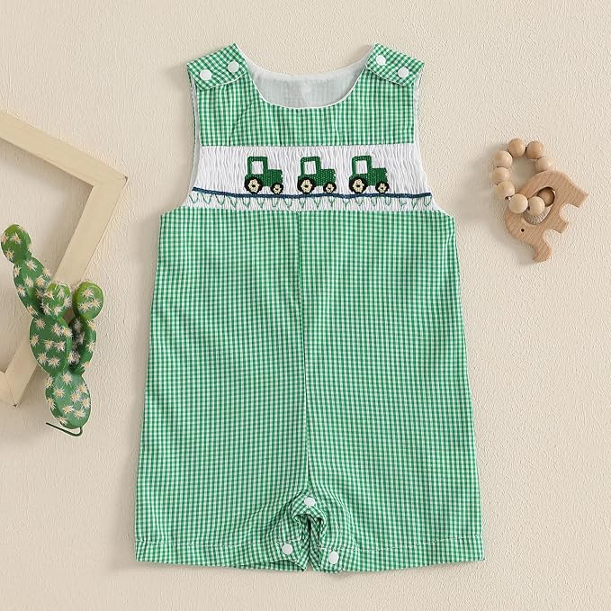 Newborn Baby Boys Sleeveless Seersucker Romper One Piece Straps Overalls - Image 2