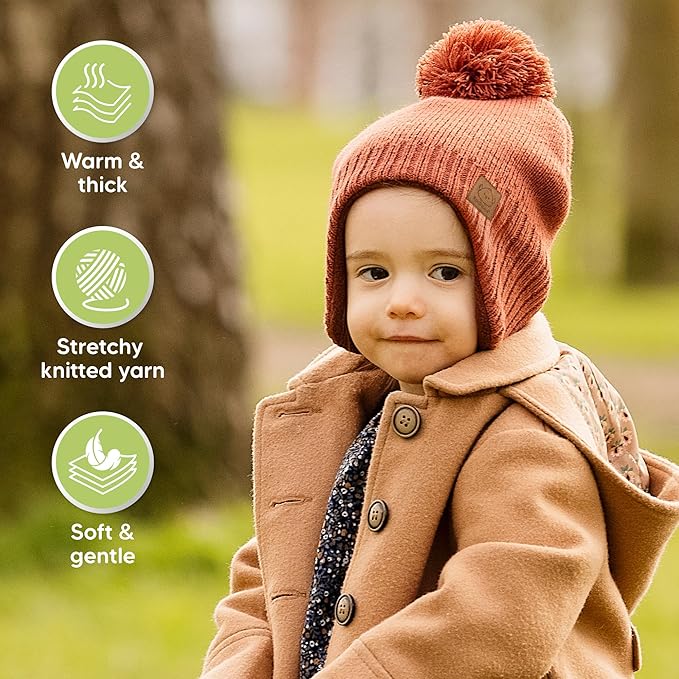 Baby Beanies, Baby Hats for Boys, Girls - Cute Toddler Winter Hat, Soft & Stretchy Beanies for Infant, Newborn 0-6 Months, Cozy & Warm with Earflap Muff & Pom (Clay, S)