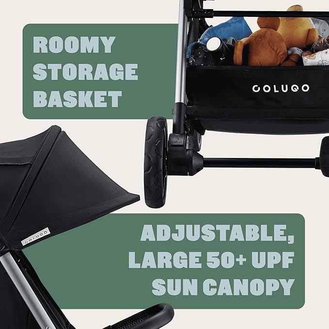 Colugo The One Stroller - Lightweight Easy Fold Compact Toddler and Baby Stroller for Travel, Large Storage Basket, One Hand Fold, Includes Raincover, Bumper Bar, Cupholder (Black)