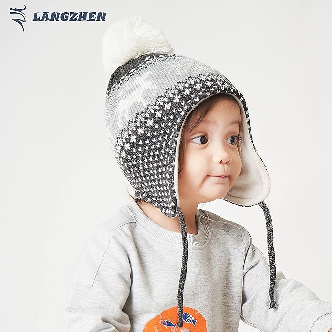 LANGZHEN Toddler Kids Infant Winter Hat,Earflap Knit Warm Cap Fleece Lined Beanie for Baby Boys Girls
