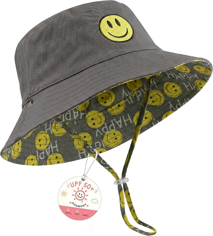Toddler Hat Reversible Bucket Hat Happy Face Sun Hat Adjustable Chin Strap by SONMONY