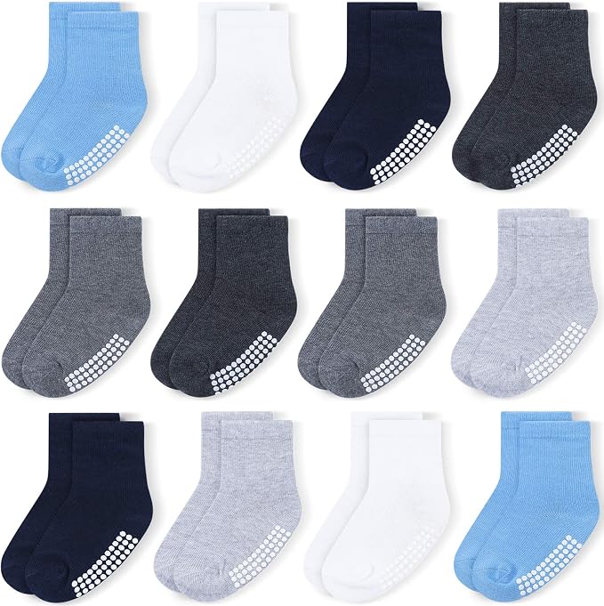 Baby Toddlers Crew Socks with Non-Slip Grip 12 Pack Cotton Stretch Socks | Soft by JAKIDAR