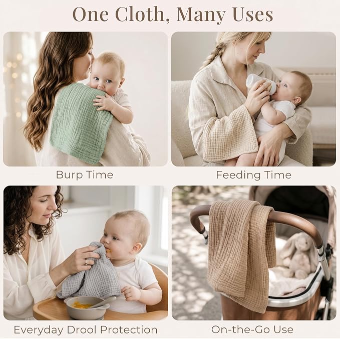 Konssy 7-Pack Muslin Baby Burp Cloths, 6-Layer 100% Cotton | Soft & Absorbent - Image 3