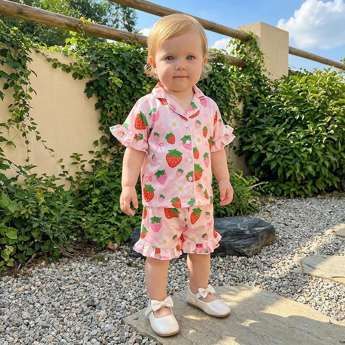 Kuriozud Toddler Baby Girl Pajamas Set Summer Floral Short Sleeve Button Down - Image 2