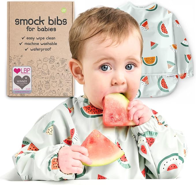 Waterproof Smock Baby Bibs for Eating | Long Sleeve Bib for Baby Led Weaning by Nombear