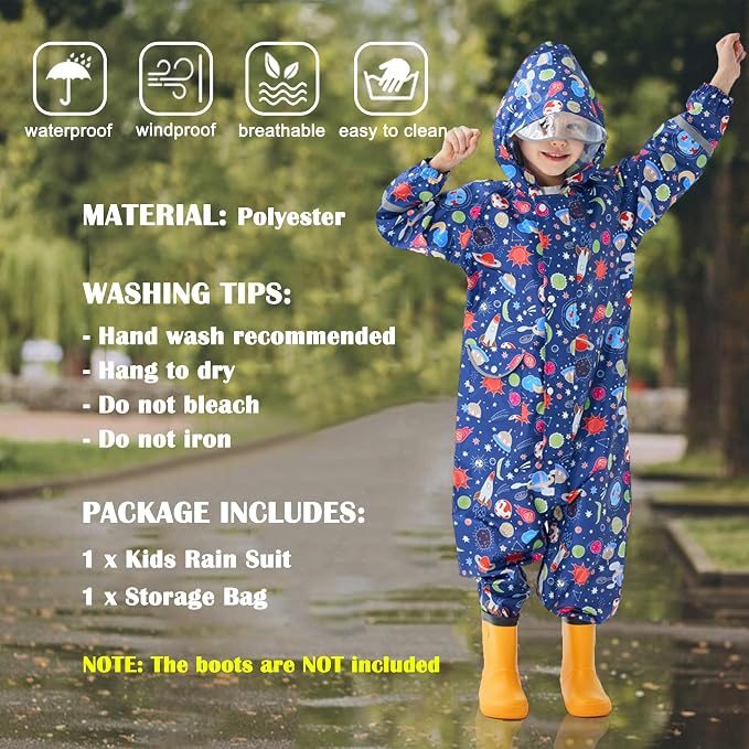 Fewlby Kids Toddler Rain Suit for Boys Girls One Piece Hoodie Zipper Cartoon - Image 3