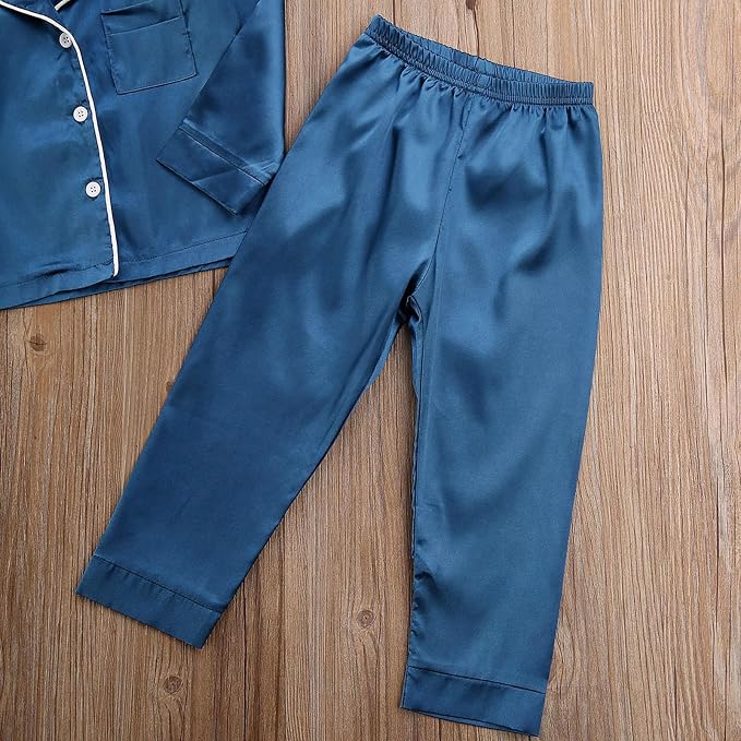 Kids Baby Girl Boy Satin Pajamas Set Button Down Sleep Shirt Top+Long Pants - Image 6