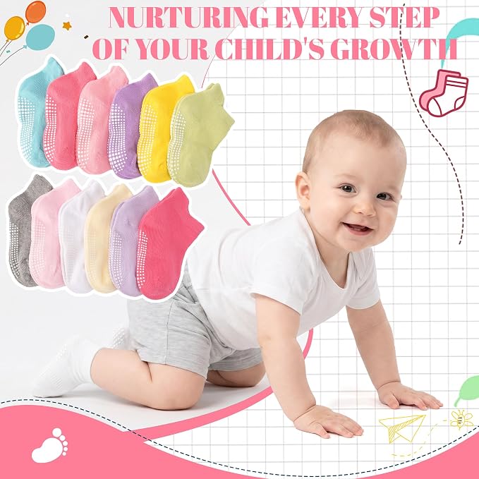 GRPSKCOS Non Slip Toddler Baby Socks 12 Pairs Anti Skid Ankle Socks - Image 7