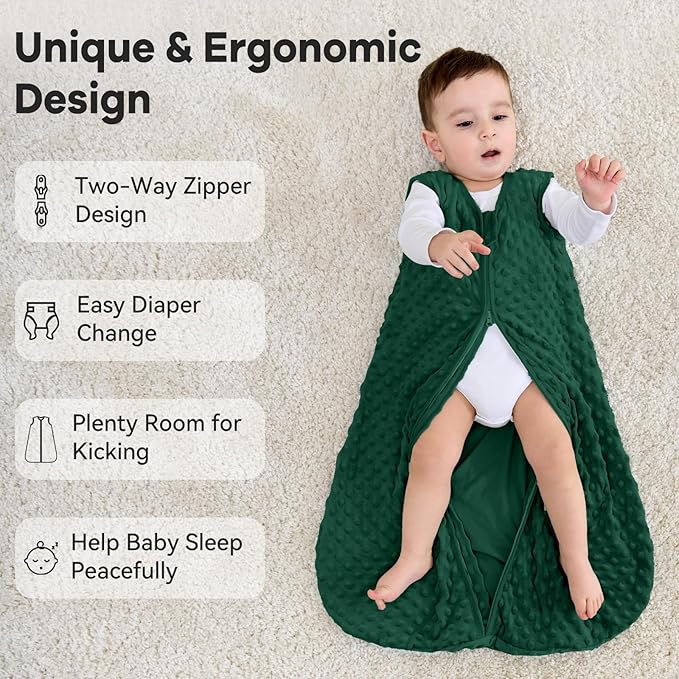 Fleece Baby Sleep Sack 12-18 Months with Plush Dots 1.5 Tog Baby Wearable Blanket with 2-Way Zipper Warm Sleeping Sack for Toddler Infant - Large, Forest Green
