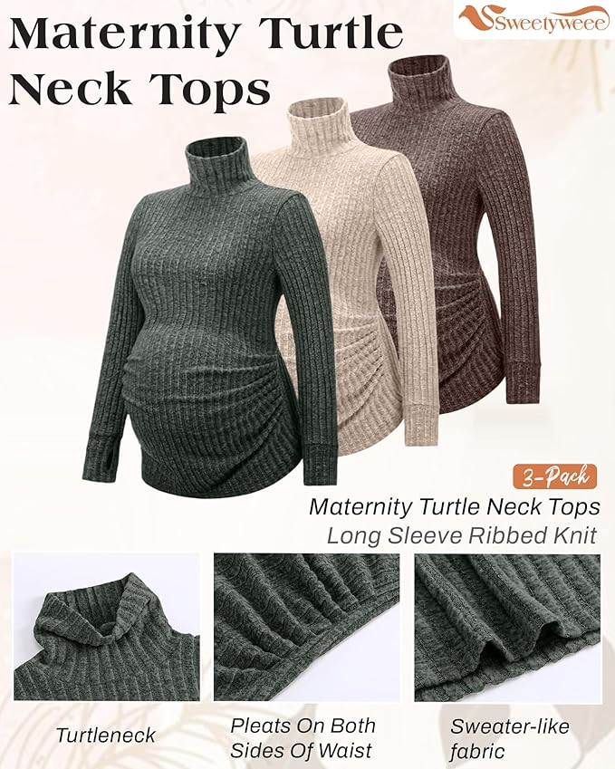 3 Pack Maternity T-Shirts Pregnancy Tops Women Sweater Long Sleeve Turtleneck Ribbed Finger Sleeve Outfits
