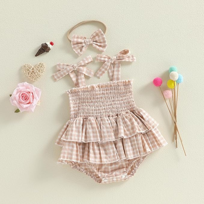 Newborn Baby Girl Summer Clothes Plaid Ruffle Bodysuits Onesie Infant Girl - Image 3