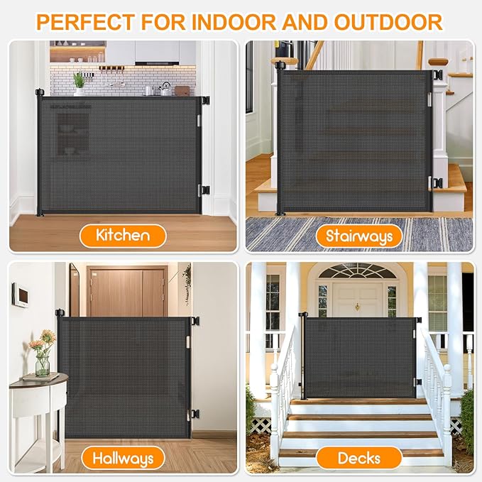 71 Inch Retractable Baby Gates Extra Wide, 41 Inch Reinforced Extra Tall Gate Mesh Safety Gate for Kids Pets, Retractable Dog Gate Baby Retractable Gate for Stair Hallway Doorway Indoor Outdoor, Black