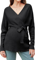 OUGES Womens Soft Cotton Blend Maternity Sweater Wrap V Neck Long Sleeve V Back Fall Shirts Pregnancy Outfits with Belt