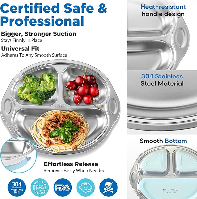 Stainless Steel Baby Suction Plates: Divided Plates for Babies and Toddlers, Made of 100% Food-Grade Materials Ideal for Baby-Led Weaning BPA-Free Toddler Feeding Dishwasher Safe Yellow