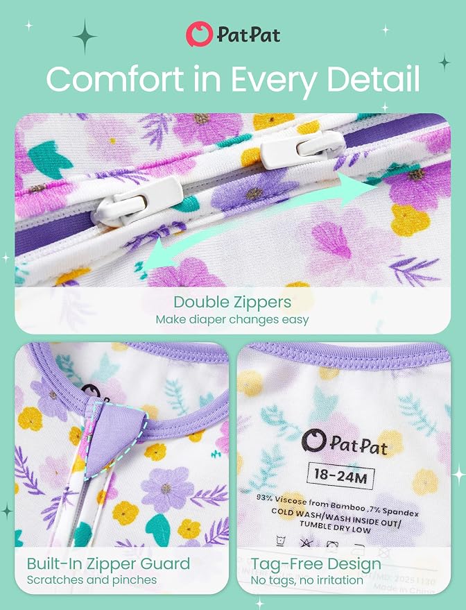 PATPAT Baby Boy and Girl Bamboo Viscose 2-Pack Romper | 2-Way Zipper, Soft and - Image 6