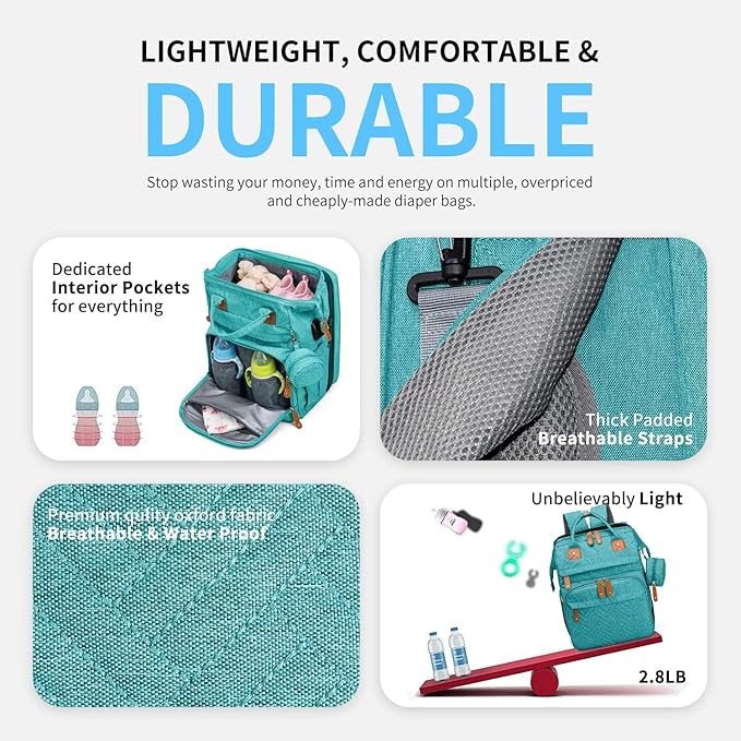 KABAQOO Diaper Bag Backpack with Detachable Changing Station, Large Capacity Baby Diaper Bags for Boys & Girls, Baby Registry Search Stuff & Shower Gifts, Newborn Essentials Must Haves, Lake Blue