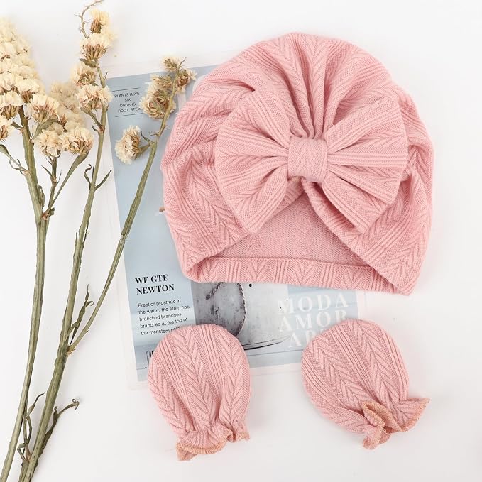 Newborn Baby Hats and Mittens Set Infant Bow Beanie Cap Toddler Gloves Newborn - Image 4